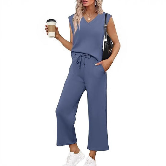 Damen Lässiges Zweiteiliges Lounge-Set mit Ärmellosem V-Neck-Top und Weiten Kordelbund-Hosen Nord Taschen