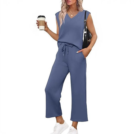 Damen Lässiges Zweiteiliges Lounge-Set mit Ärmellosem V-Neck-Top und Weiten Kordelbund-Hosen Nord Taschen