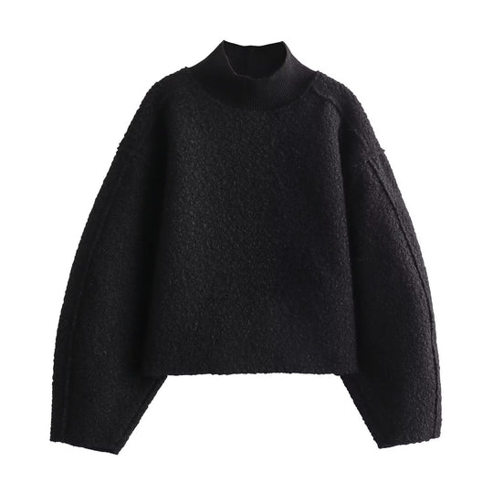 Damen Oversize Cropped Pullover mit Stehkragen und Ballonärmeln Nord Taschen