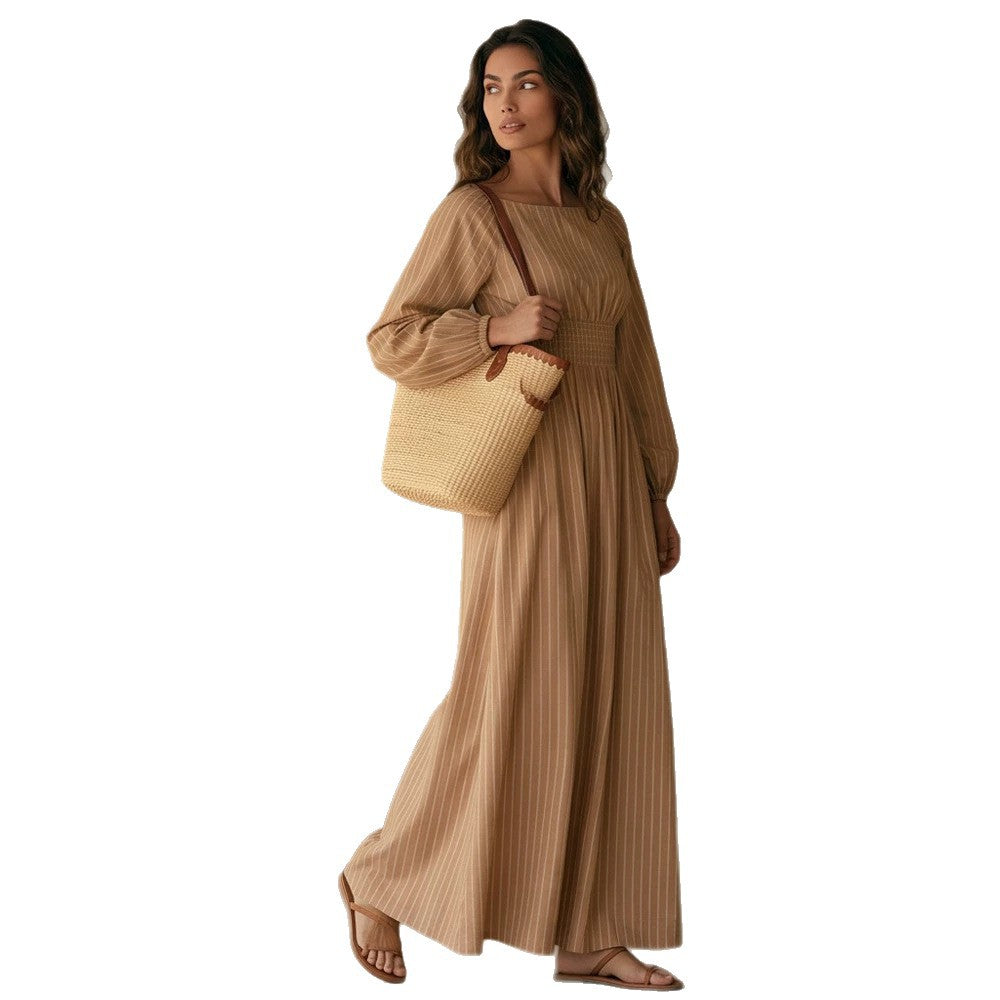 Damen Maxikleid mit Smok-Taillenband, Quadrat-Ausschnitt und langen Ballonärmeln Nord Taschen