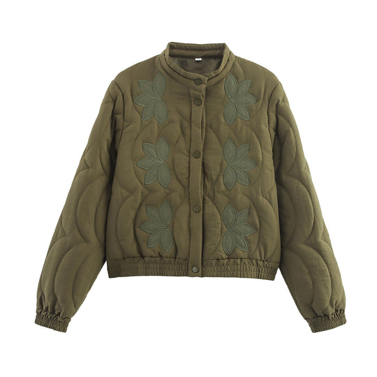 Damen Kurz geschnittene Steppjacke mit floralen Applikationen und elastischem Saum Nord Taschen