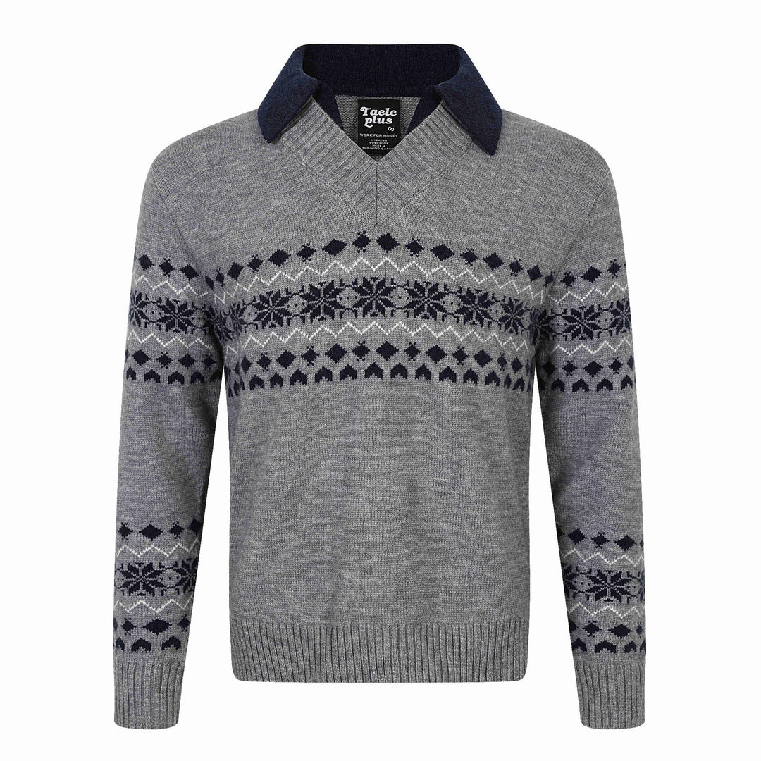Herren Norweger-Strickpullover mit V‑Ausschnitt und kontrastierendem Hemdkragen Nord Taschen