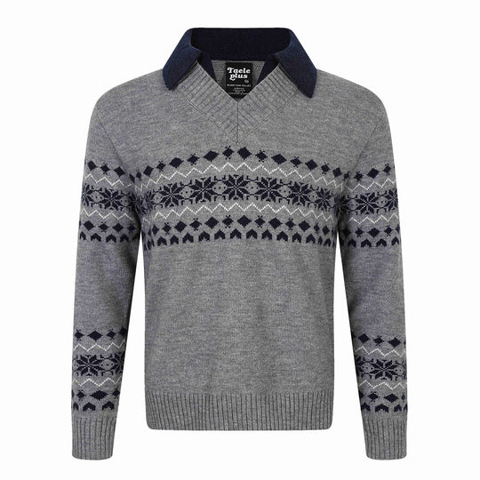 Herren Norweger-Strickpullover mit V‑Ausschnitt und kontrastierendem Hemdkragen Nord Taschen