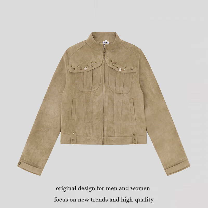 Damen Kurz geschnittene Velourslederjacke mit Stehkragen, Zier‑Nieten und Pattentaschen Nord Taschen