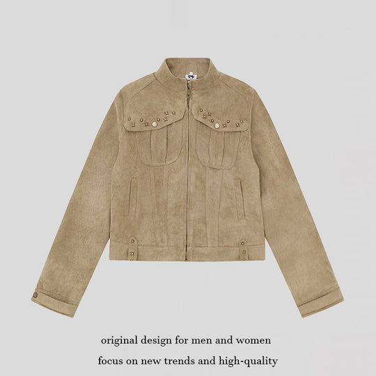 Damen Kurz geschnittene Velourslederjacke mit Stehkragen, Zier‑Nieten und Pattentaschen Nord Taschen