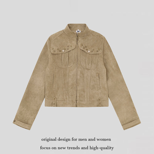 Damen Kurz geschnittene Velourslederjacke mit Stehkragen, Zier‑Nieten und Pattentaschen Nord Taschen