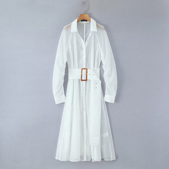 Damen Transparentes Hemdblusenkleid mit weitem Taillengürtel und Volantrock Nord Taschen