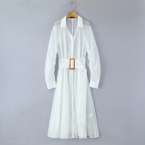 Damen Transparentes Hemdblusenkleid mit weitem Taillengürtel und Volantrock Nord Taschen