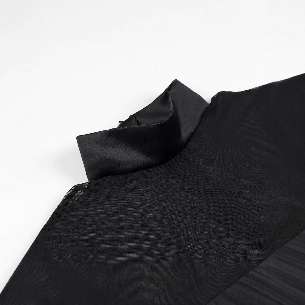 Damen Kurzabendkleid mit Stehkragen, transparenten Mesh-Ärmeln und Korsagen-Optik Nord Taschen