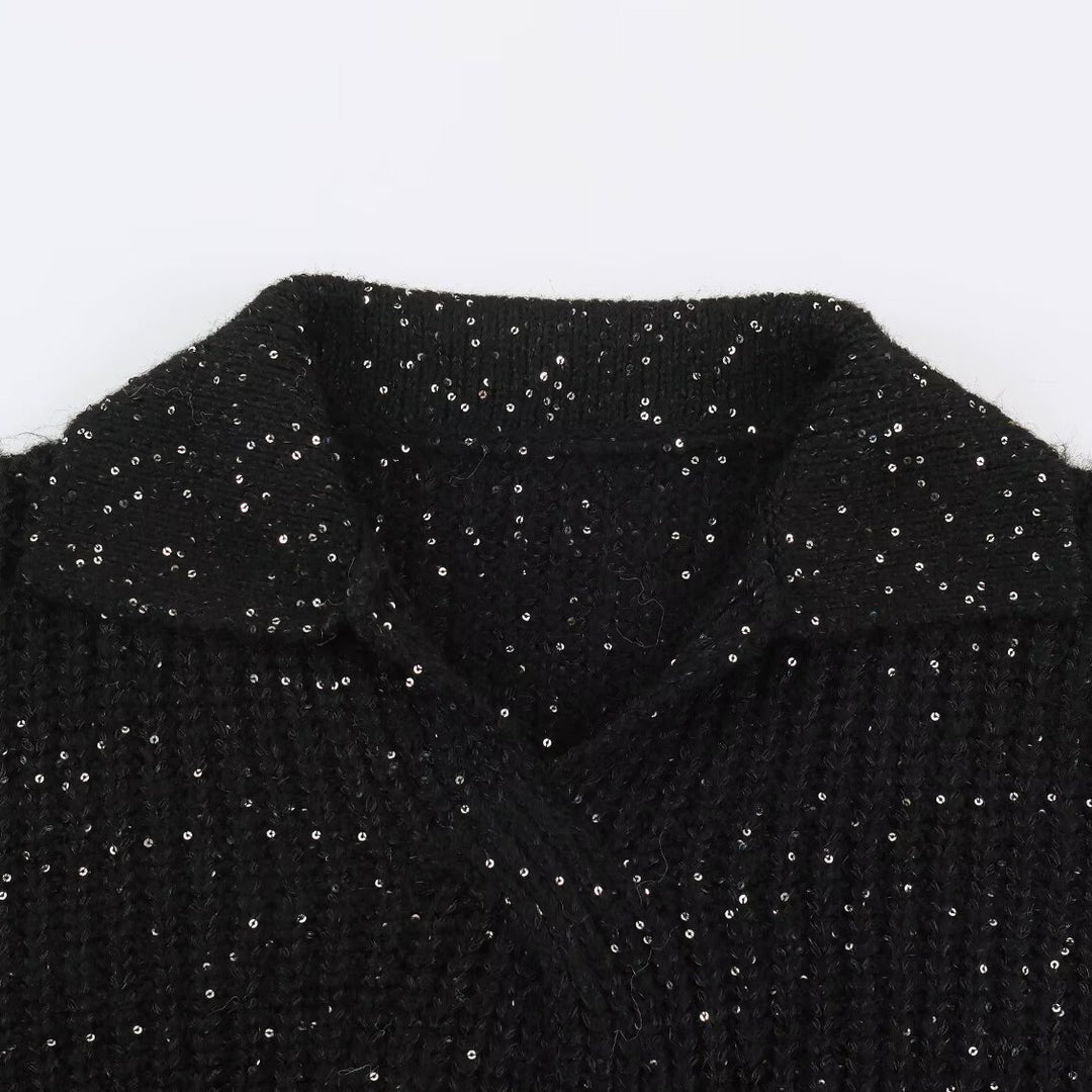 Damen Grobgestrickter Pullover mit weitem Reverskragen und Paillettenbesatz Nord Taschen