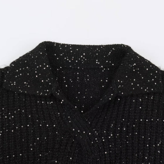 Damen Grobgestrickter Pullover mit weitem Reverskragen und Paillettenbesatz Nord Taschen