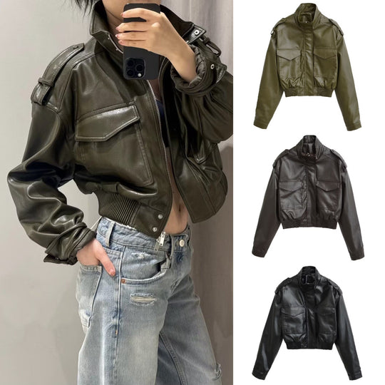 Damen Kurze PU-Leder-Bomberjacke mit hohem Stehkragen, Pattentaschen und Schulterklappen Nord Taschen