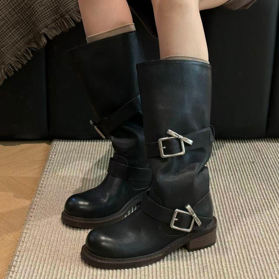 Damen modische Stiefel mit verstellbaren Riemen und komfortablem Blockabsatz
