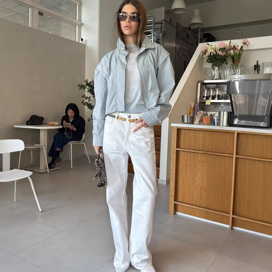 Damen Cropped-Übergangsjacke mit Stehkragen und gerafften Schulterdetails Nord Taschen