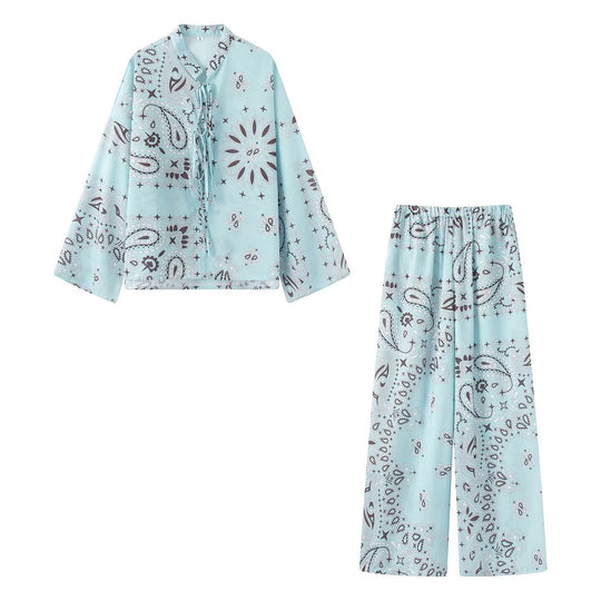 Damen Zweiteiliges Satinoptik-Lounge-Set mit Paisley-Print, Kimonokragen-Bluse und weiter Culotte-Hose Nord Taschen