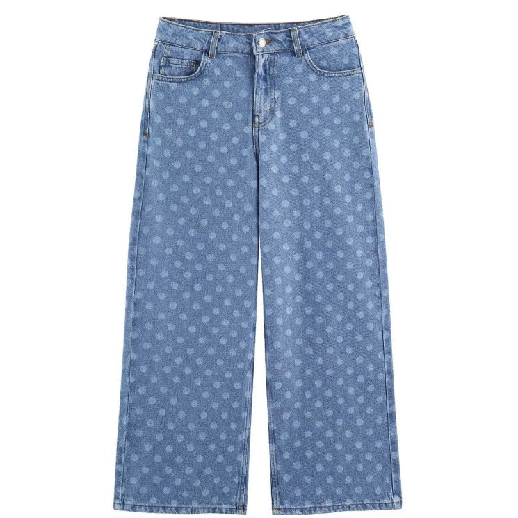 Damen Weite High‑Waist Culotte-Jeans mit verkürztem Bein und tonalem Punktemuster Nord Taschen