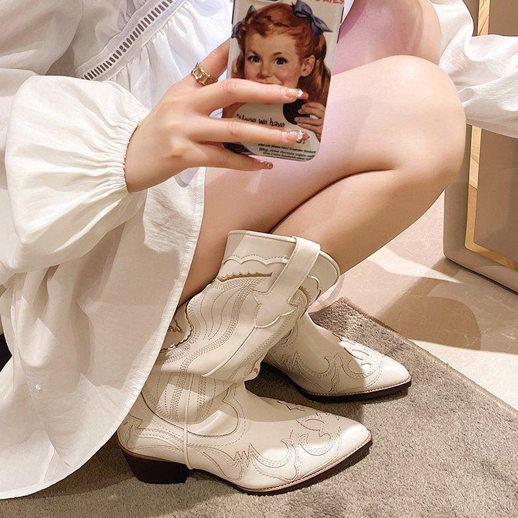Damen Kniehohe Western‑Cowboy‑Stiefel mit filigraner Stickerei und konischem Blockabsatz Nord Taschen