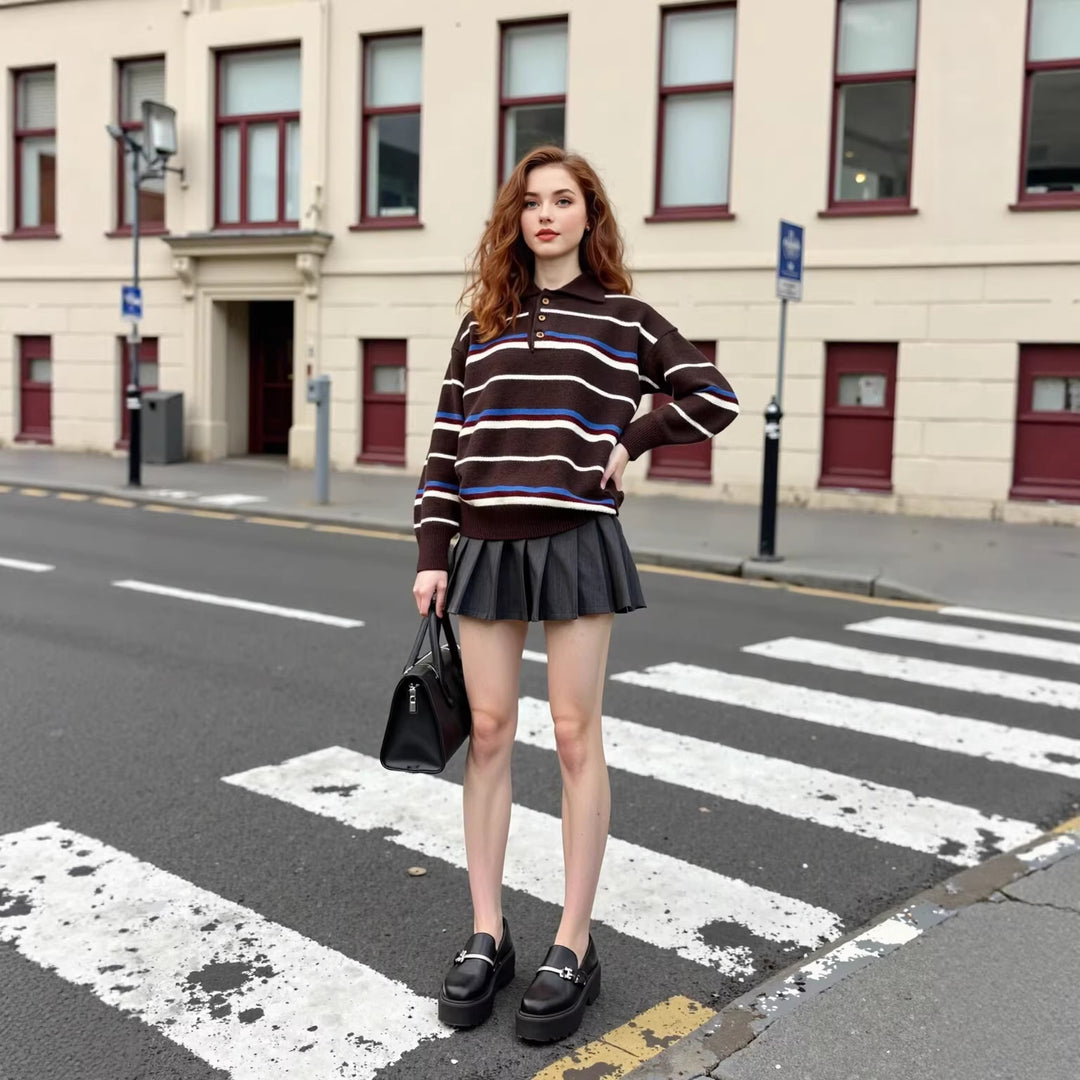 Damen Oversize Polokragen-Strickpullover mit mehrfarbigen Streifen und Rippbündchen Nord Taschen