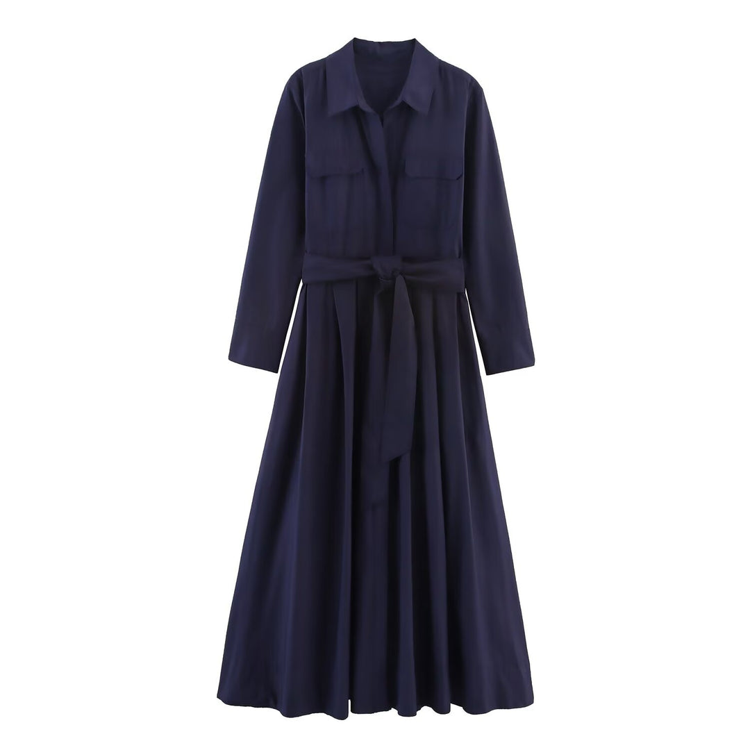 Damen Hemdblusenkleid mit Taillengürtel und A-Linien-Skirt Nord Taschen