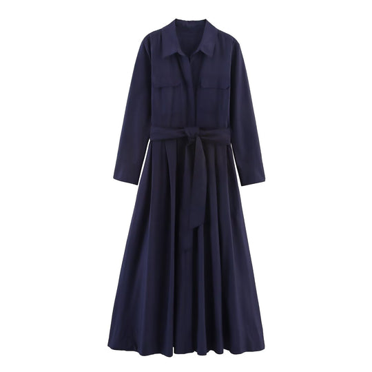 Damen Hemdblusenkleid mit Taillengürtel und A-Linien-Skirt Nord Taschen