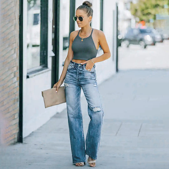 Damen Hochtaillierte weite Straight-Leg-Jeans mit Destroyed-Details Nord Taschen