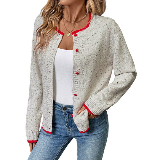 Damen Kurzgeschnittener Bouclé-Cardigan mit Kontrastbündchen und dekorativen Herzknöpfen Nord Taschen