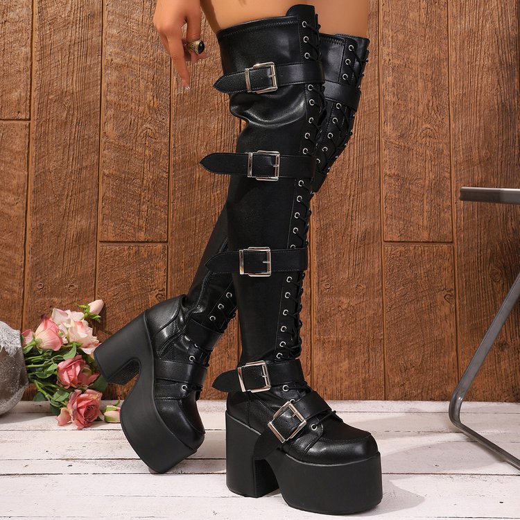 Damen Overknee Stiefel mit modischen Schnallen und hochmodernem Plateau Nord Taschen