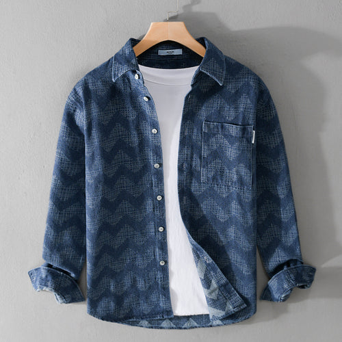 Herren Indigo-Struktur-Overshirt aus gewaschenem Denim mit Zickzack-Jacquard, Kentkragen und Brusttasche Nord Taschen