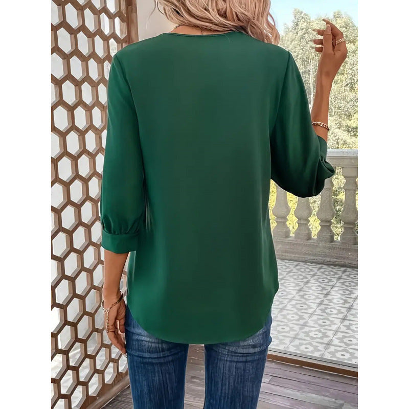 Damen Elegante ViskosNord Taschenluse mit 3/4-Ärmeln und V-Ausschnitt