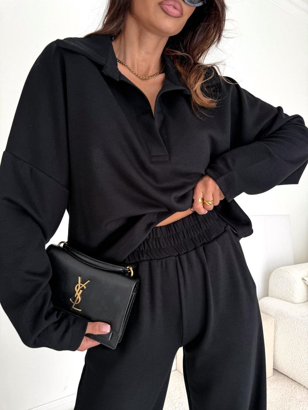 Damen Loungewear-Zweiteiler mit Hemdkragen-Cropped-Sweatshirt und weiter Palazzo-Hose Nord Taschen