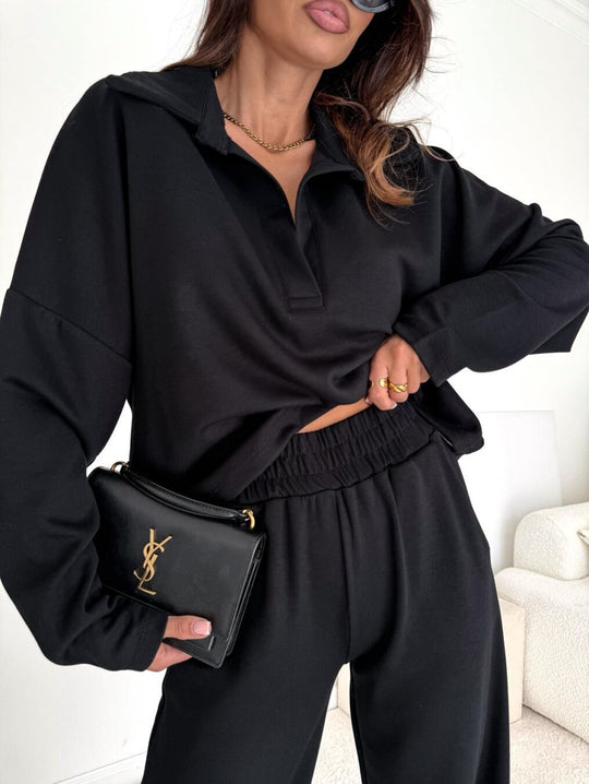Damen Loungewear-Zweiteiler mit Hemdkragen-Cropped-Sweatshirt und weiter Palazzo-Hose Nord Taschen