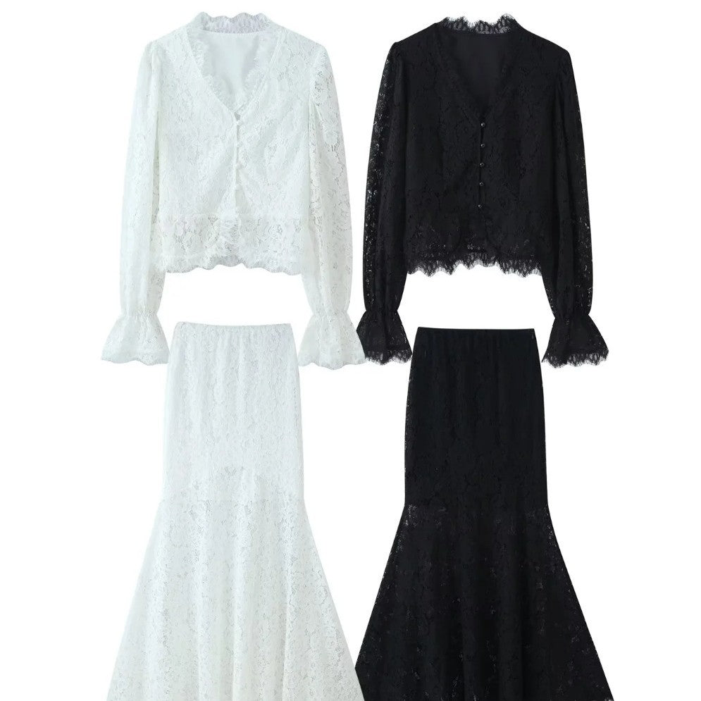Damen 20+ zweiteiliges Spitzen‑Set: taillierte Bluse mit Volantärmeln und ausgestelltem Mermaid‑Midirock Nord Taschen
