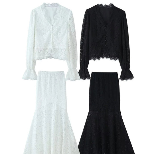Damen 20+ zweiteiliges Spitzen‑Set: taillierte Bluse mit Volantärmeln und ausgestelltem Mermaid‑Midirock Nord Taschen