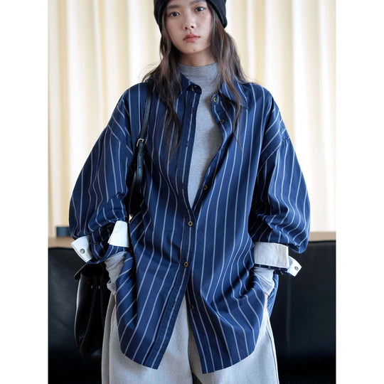 Damen Oversized-Streifenbluse mit Kontrastmanschetten Nord Taschen