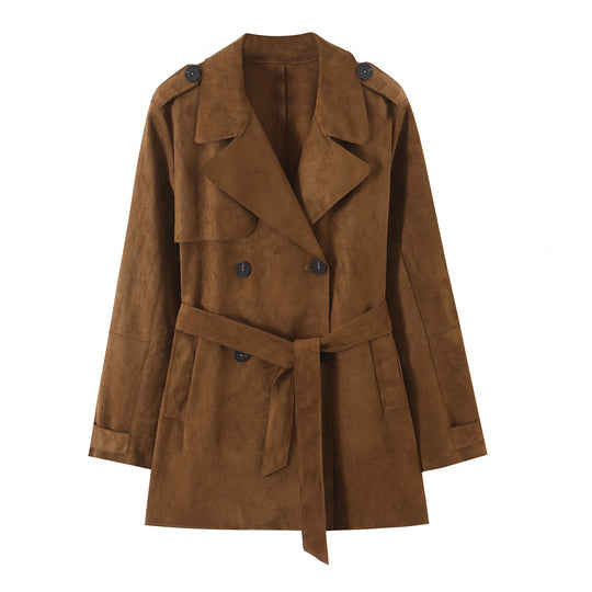 Damen Kurz-Trenchcoat aus Kunstwildleder mit Taillengürtel und doppelter Knopfleiste Nord Taschen