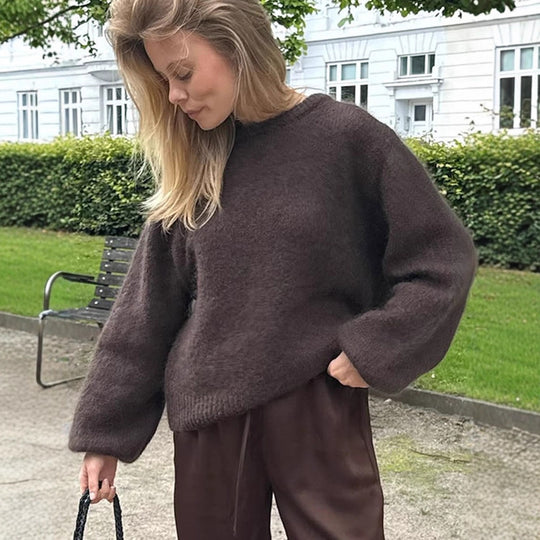 Damen Flauschiger Rundhals-Pullover mit Ballonärmeln und kastiger Silhouette Nord Taschen