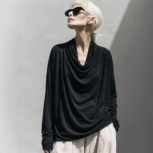 Damen Drapiertes Oversize-Langarmshirt mit Wasserfallkragen Nord Taschen