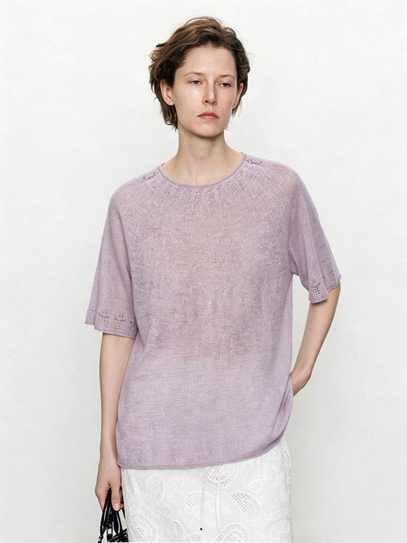 Damen Leichtes Feinstrick-Shirt mit halblangen Ärmeln, Rundhals und feinem Lochmuster Nord Taschen