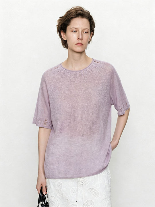 Damen Leichtes Feinstrick-Shirt mit halblangen Ärmeln, Rundhals und feinem Lochmuster Nord Taschen