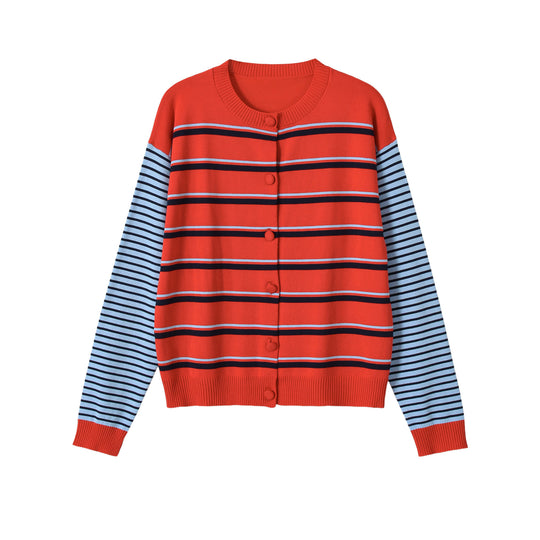 Damen Gestreifte Strickjacke mit Rundhals und Knopfverschluss Nord Taschen