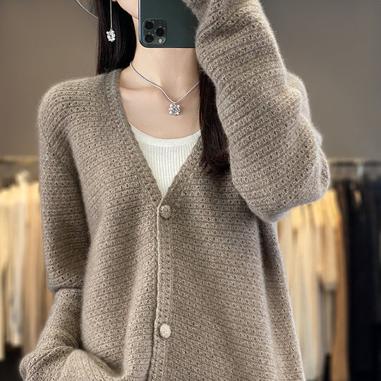 Damen Offener Ajour-Strickcardigan mit dezentem Flauschfinish und kastiger Oversize-Silhouette Nord Taschen