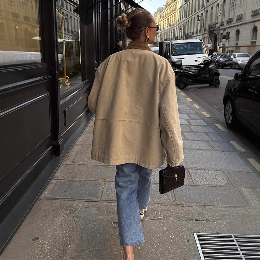 Damen Oversize-Fieldjacke mit Cordkragen, großen Pattentaschen und Druckknopfverschluss Nord Taschen