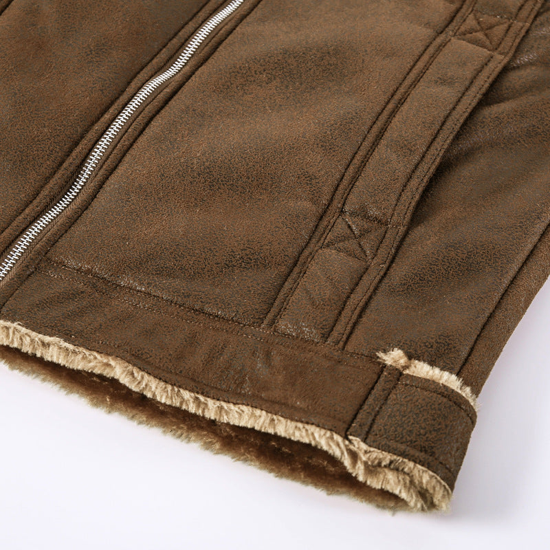 Herren Gefütterte Lammfell‑Imitat Bikerjacke mit Stehkragen und Pattentaschen Nord Taschen