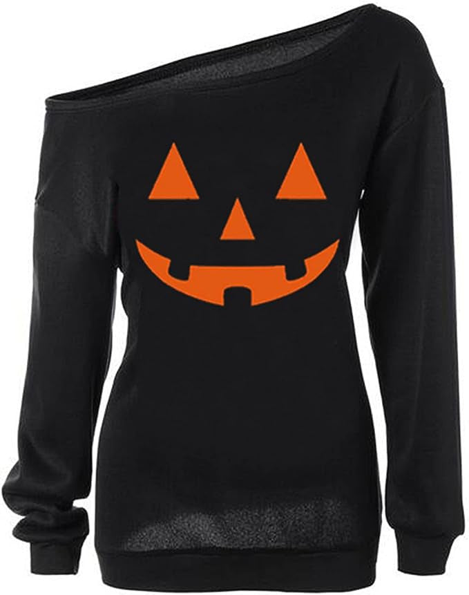 Damen Oversize Off-Shoulder Strickpullover mit Halloween-Kürbismotiv Nord Taschen
