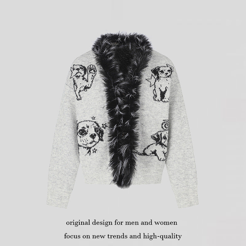 Damen Strickjacke mit Kunstfellkragen und illustrativem Hundemotiv Nord Taschen