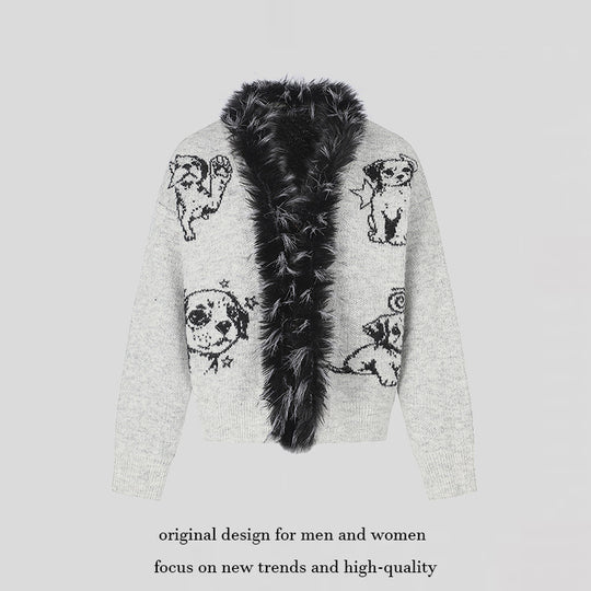 Damen Strickjacke mit Kunstfellkragen und illustrativem Hundemotiv Nord Taschen
