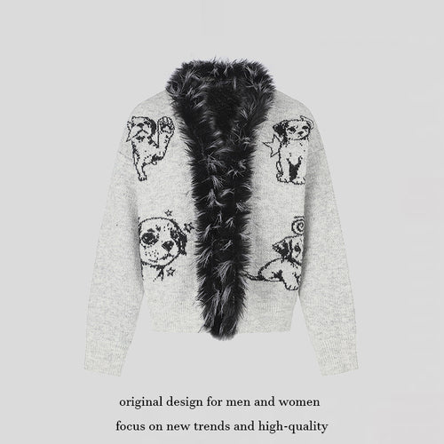Damen Strickjacke mit Kunstfellkragen und illustrativem Hundemotiv Nord Taschen