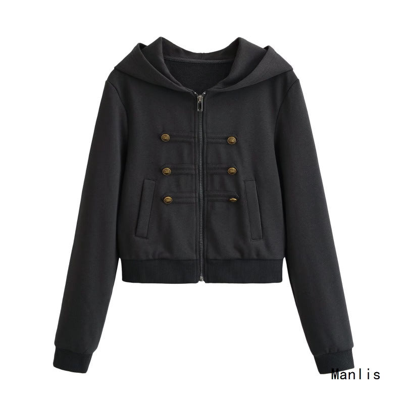 Damen Cropped Kapuzenblouson im Military‑Look mit Zierknopfleiste und geripptem Saum Nord Taschen