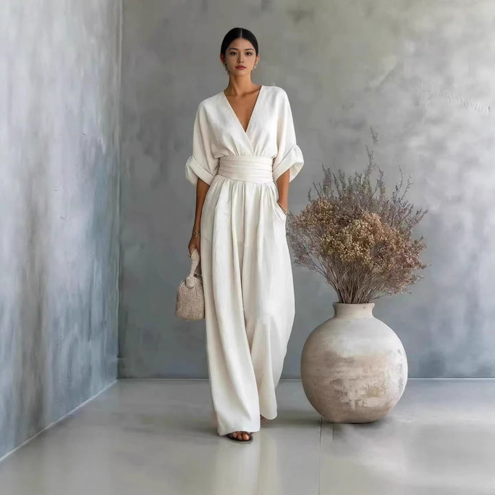 Damen Jumpsuit mit elegantem V-Ausschnitt und weitem Bein R&B
