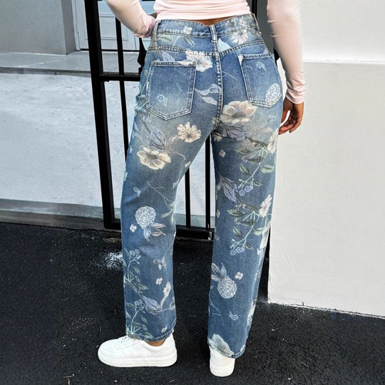 Damen High-Waist Straight-Jeans mit floralem Print und relaxed Fit Nord Taschen